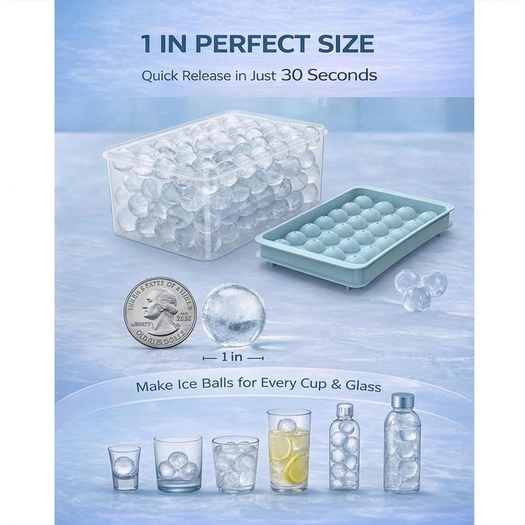 Ice Cube Tray With Lid And Bin - Round Ice Trays For Freezer With Lid - Ice Cube Trays For Freezer With Ice Container (1"-2Pack Blue)