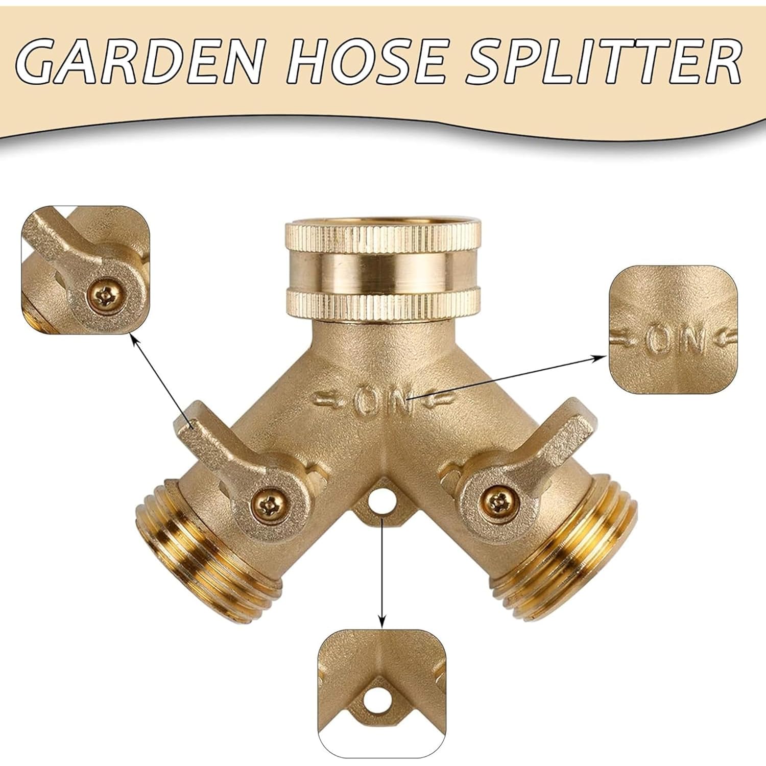 Triumpeek 3/4" Brass 2 Way Hose Splitter, Brass 2 Way Garden Hose Connector With 2 Pcs Garden Hose Coiled Spring Protectors And 6 Rubber Washers