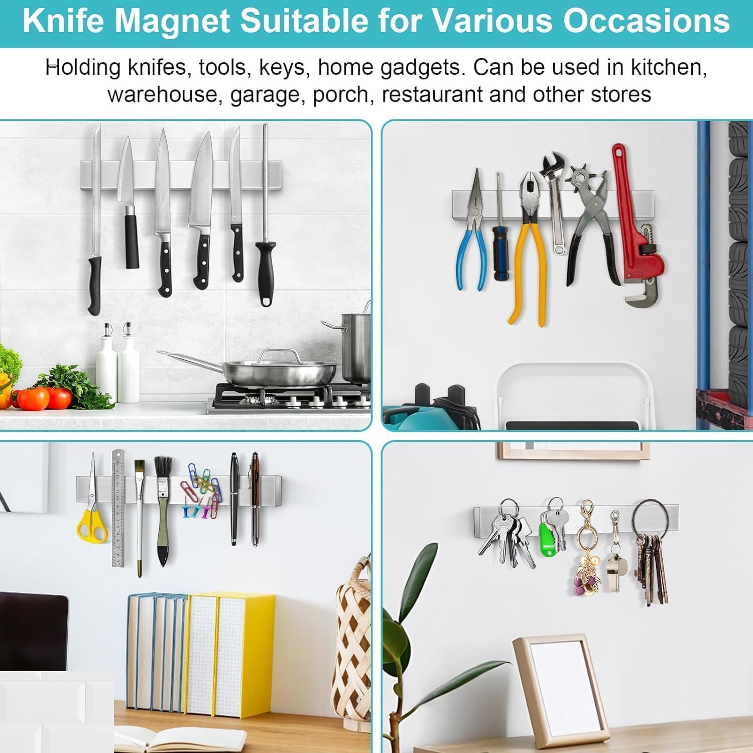 Magnetic Knife Holder For Wall, Knife Magnetic Strip Magnetic Knife Holder For Refrigerator Mount Knife Rack Kitchen Utensil Holder Metal Tool Holder Knife Block Kitchen Organizer Accessories 9.7 Inch