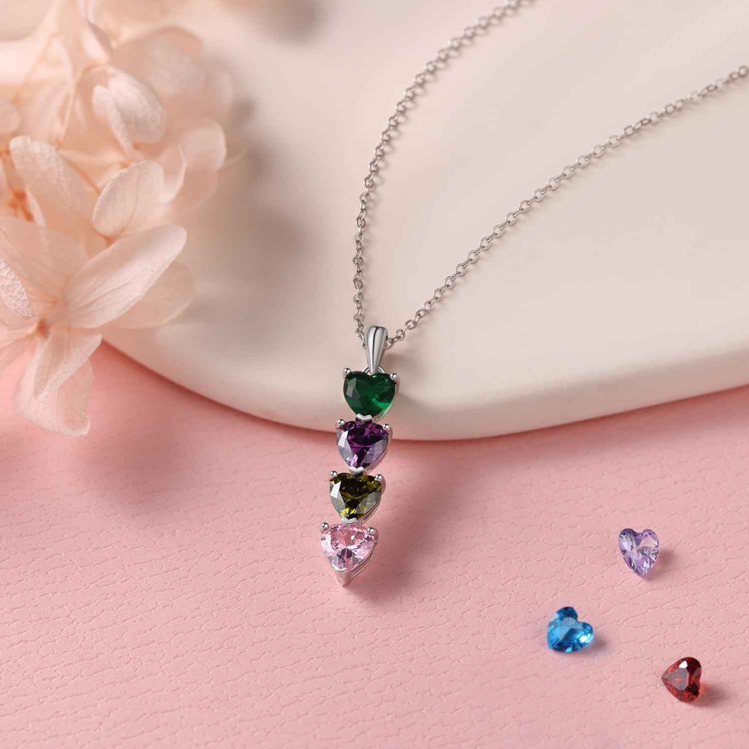 PaulaMax Jewelry Custom Birthstone Necklace for Women in 925 Sterling Silver, Mother's Day Necklace with 1 2 3 4 Heart Birthstones, Personalized and Customized Sterling Silver Chain 18" + 2"