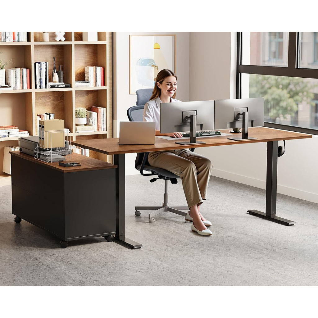 55 Inch L Shaped Electric Standing Desk With Drawers & File Cabinet Sets, Executive Sit Stand Desk, Height Adjustable Computer Desk For Home Office, Writing, Workstation, Walnut+Black