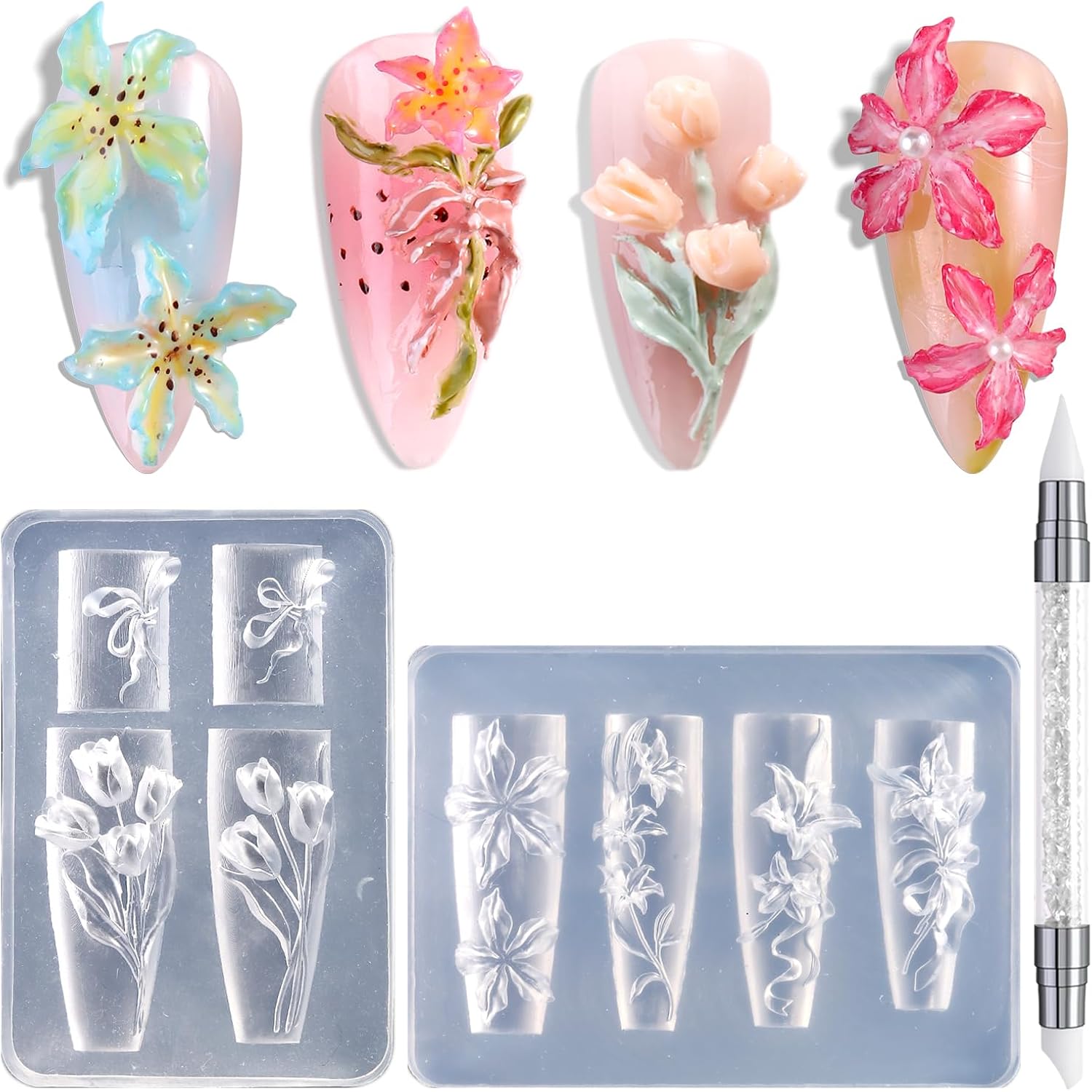 Silicone Nail Art Molds, 2PCS Reusable Clear 3D Flowers Nail Charm Molds with Carving Pen Tulip Bouquet Lily Hibiscus Flower Nail Design Manicure Template DIY Charms Resin Craft Accessories