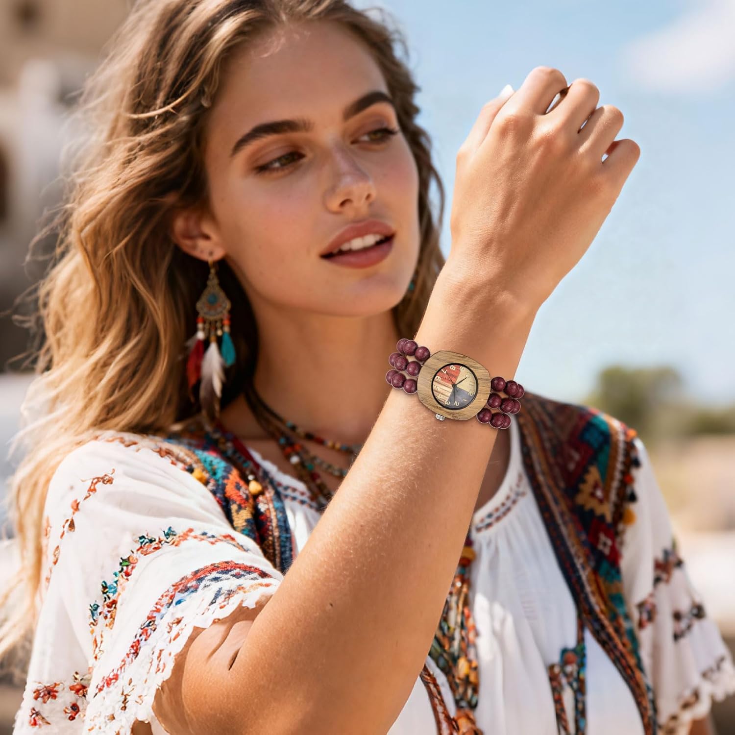Avaner Women's Elastic Wrist Watches: Wooden Beaded Stretch Strap Handmade Analog Quartz Arabic Numerals Beads Bracelet Watch