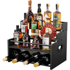 Klm 4-Tier Wood Display Shelf, Black Modern Bottle Organizer, Countertop Bar Stand For Liquor, Coffee Syrup, (Black)
