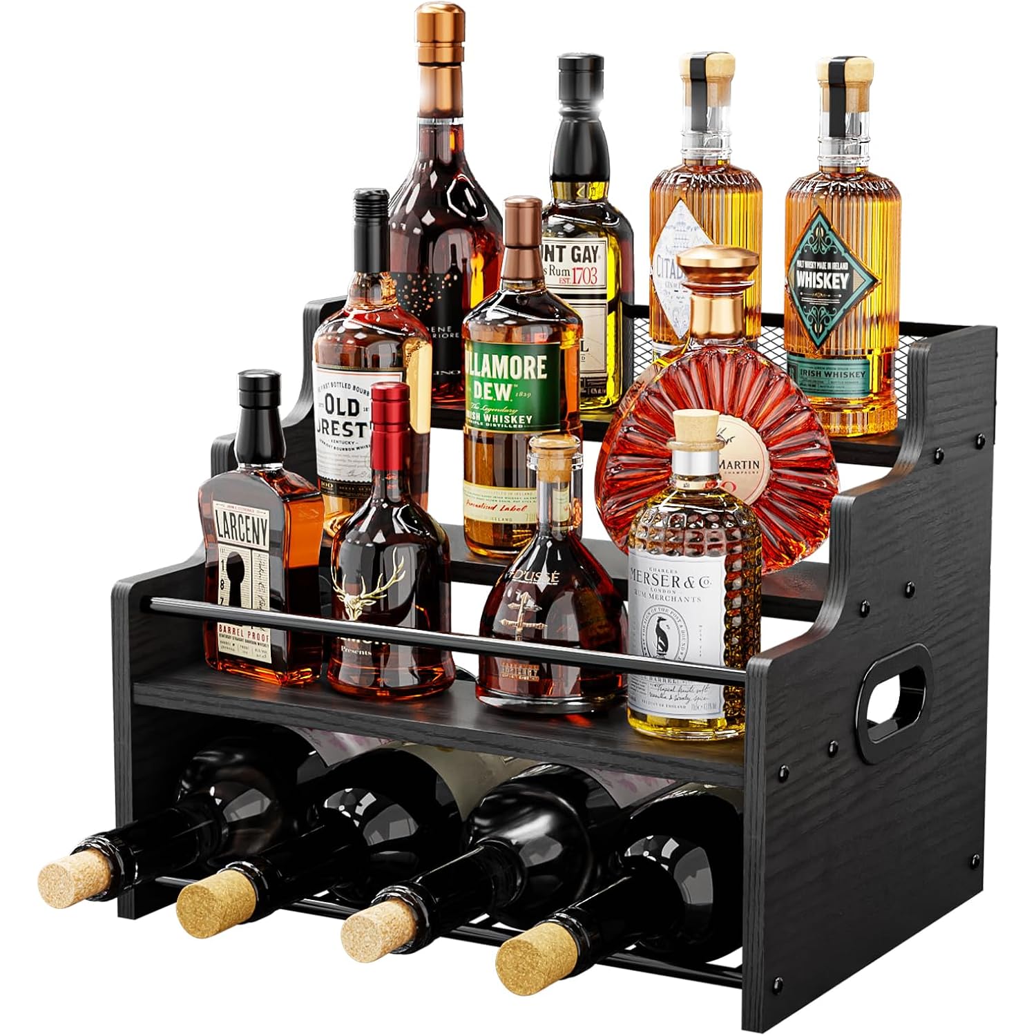 Klm 4-Tier Wood Display Shelf, Black Modern Bottle Organizer, Countertop Bar Stand For Liquor, Coffee Syrup, (Black)