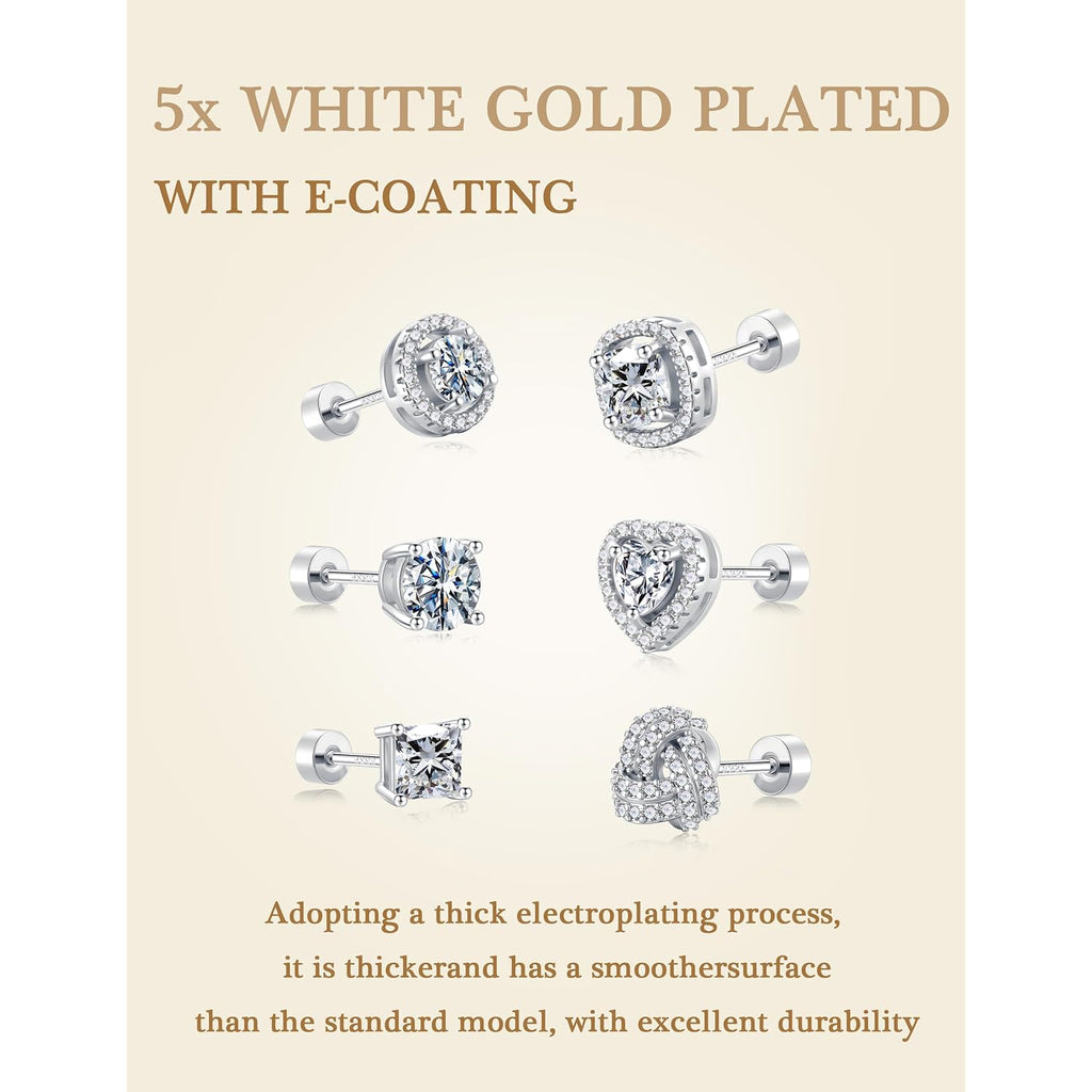 M MOOHAM 6 Pairs Hypoallergenic Flat Back Stud Earrings Set for Women - 14k Gold Plated Silver Studs CZ Earrings for Women Men Trendy Non Tarnish Earring Stack for Sensitive Ears Jewelry Gifts