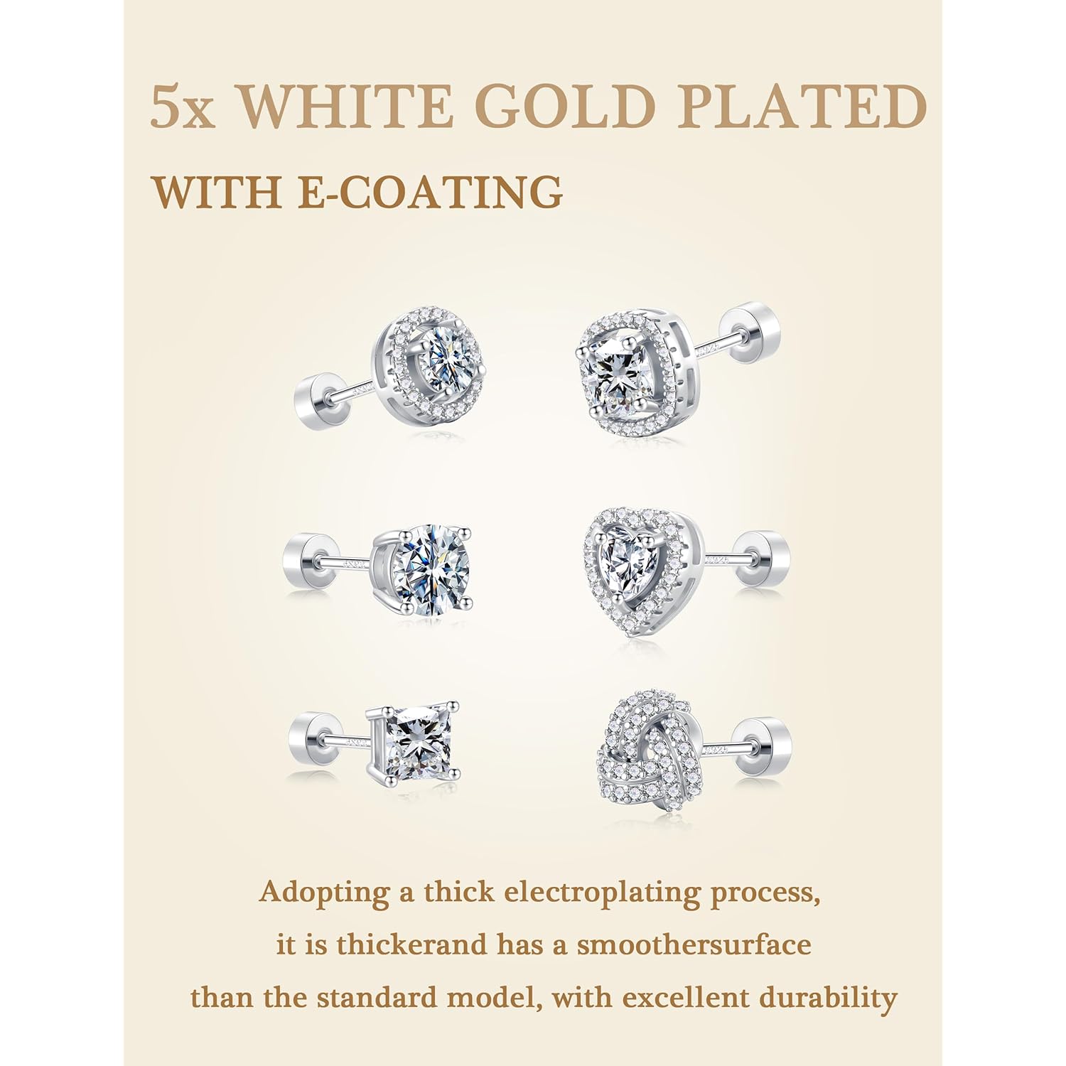 M MOOHAM 6 Pairs Hypoallergenic Flat Back Stud Earrings Set for Women - 14k Gold Plated Silver Studs CZ Earrings for Women Men Trendy Non Tarnish Earring Stack for Sensitive Ears Jewelry Gifts