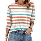 Dokotoo Women's 2026 Fashion Tops 3/4 Sleeve T-Shirts Cute Crewneck Basic Business Tees Blouses Z Orange Stripe