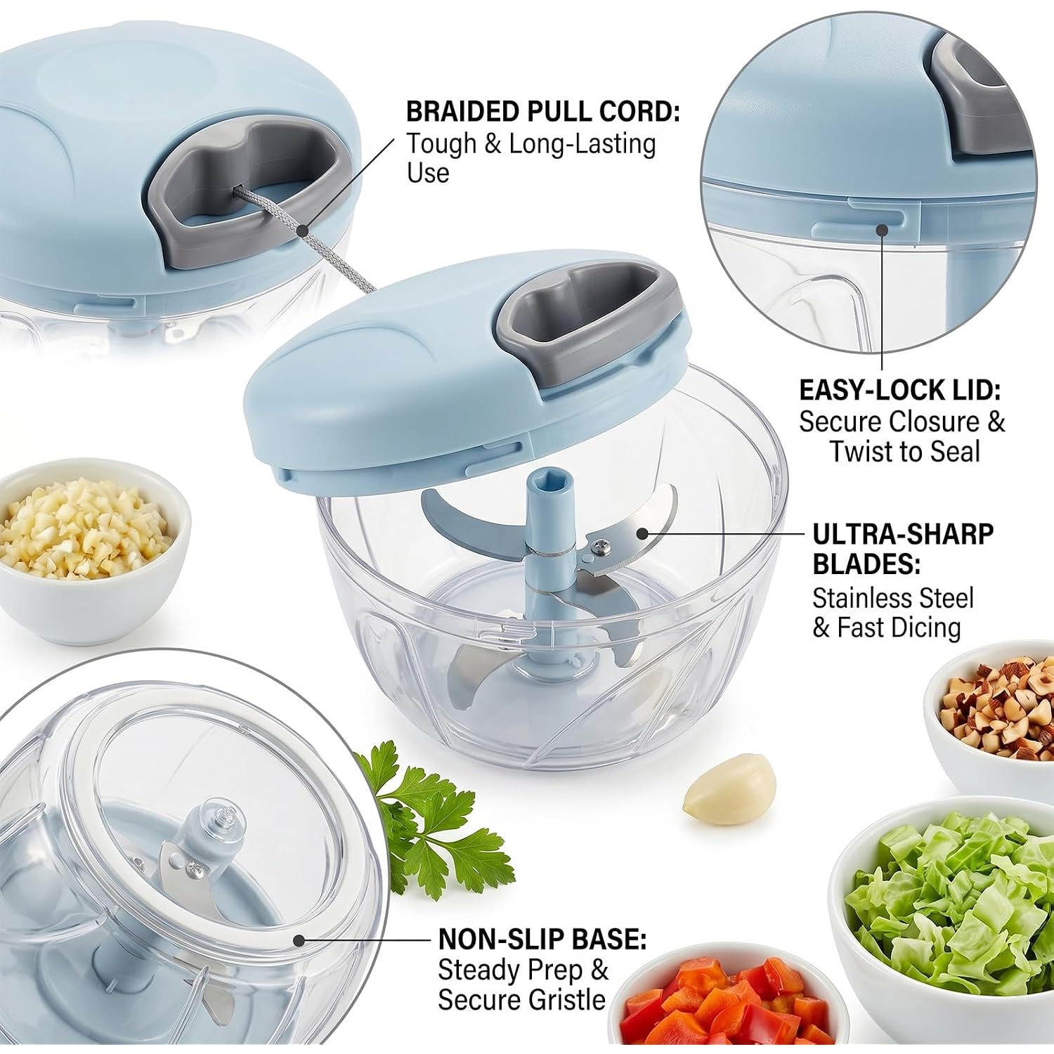 Manual Food Processor, Hand Pull Vegetable And Herb Chopper, Easy Use Bpa Free Manual Cutter For Quick Prep For Ginger Fruits Garlic Nuts Onion, Blue