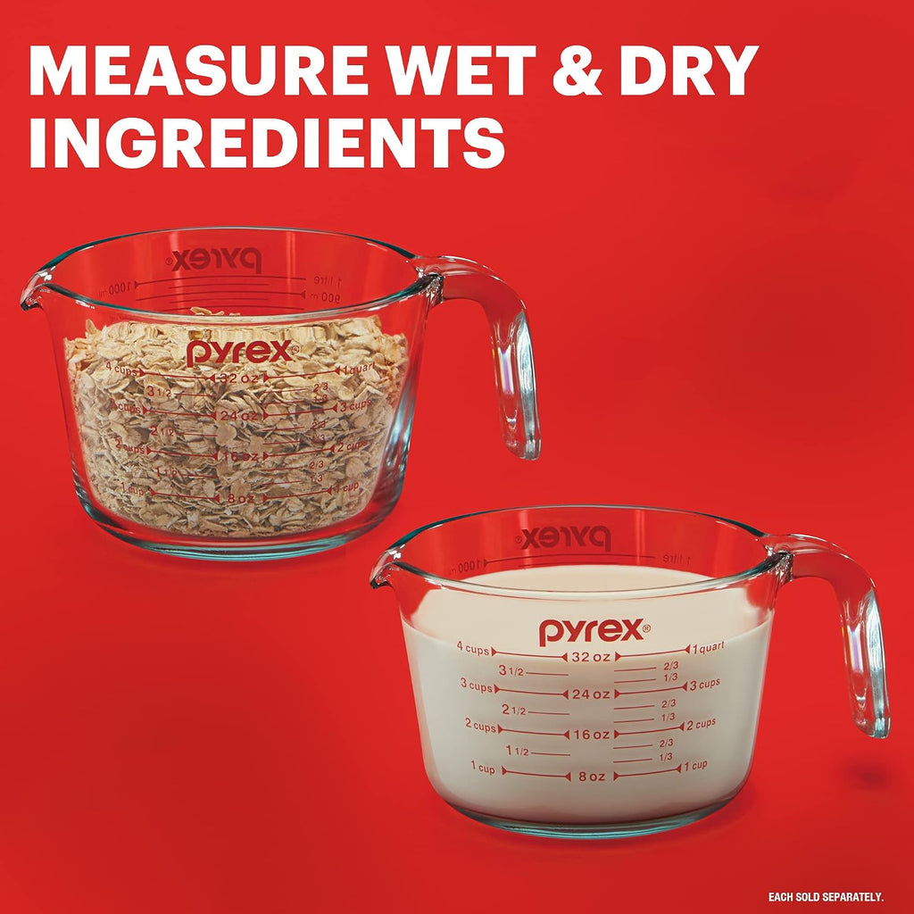 Pyrex 4-Cup Glass Measuring Cup For Baking And Cooking, Dishwasher, Freezer, Microwave, And Preheated Oven Safe, Essential Kitchen Tools