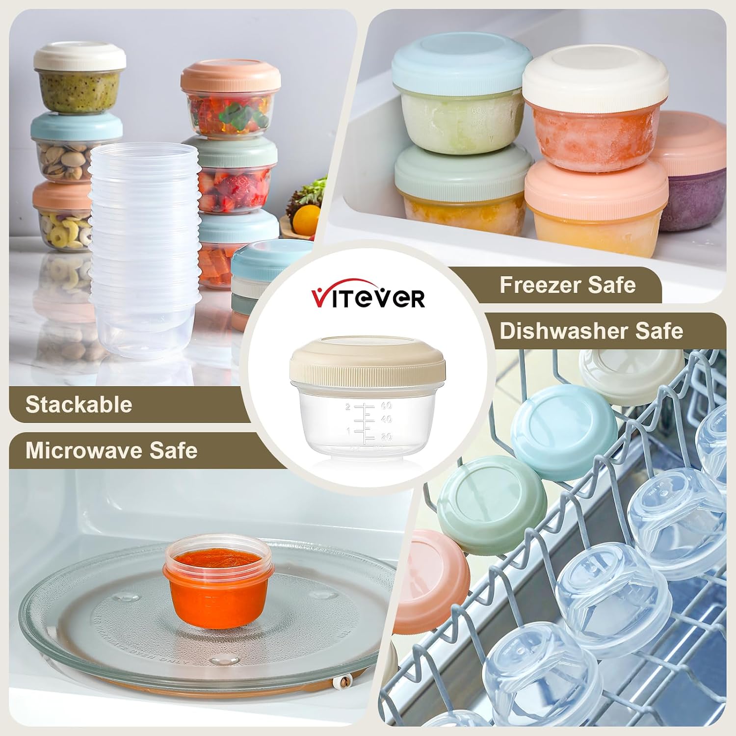 Vitever [16 Pack] 4 Oz Small Containers With Lids, Reusable Plastic Jars For Snack And Puree, Salad Dressing Container To Go, Deli Containers, Freezer Baby Food Containers, Dishwasher Safe, Bpa Free