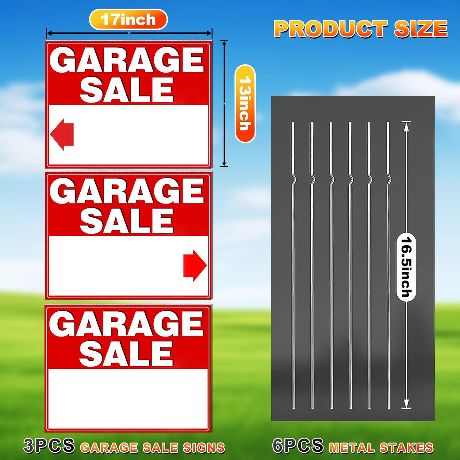 Garage Sale Signs, 3 Pcs Yard Signs With Metal Stakes, 17X13 Inch Double Sided Large Corrugated Plastic Garage Sale Kit With Directional Arrows Stickers For Event, Weatherproof, Red