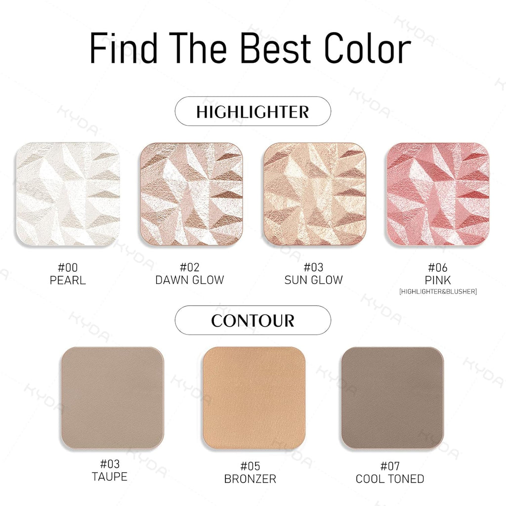 KYDA Face Highlighter Palette, High Glossy Face Illuminator Palette, Natural Glow Finish, Pearl Shimmer Smooth Baked Powder, Lasting Sparkling Champagne Highlighter Makeup-SUN GLOW