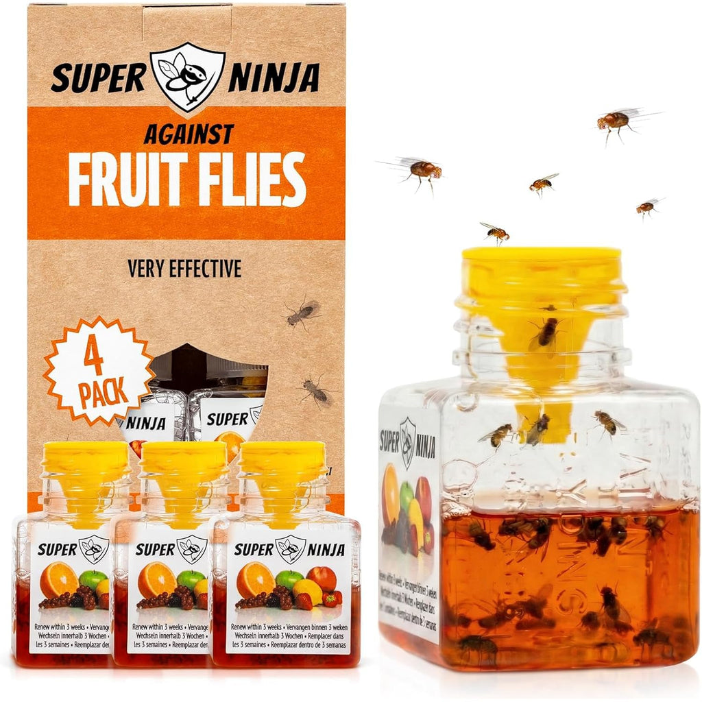 Super Ninja Fruit Fly Traps For Indoors - 4 Pack, Highly Effective Fruit Fly Catcher For Indoor Use For Home & Kitchen, Up To 3 Weeks Of Performance Per Bottle, Kid & Pet Friendly