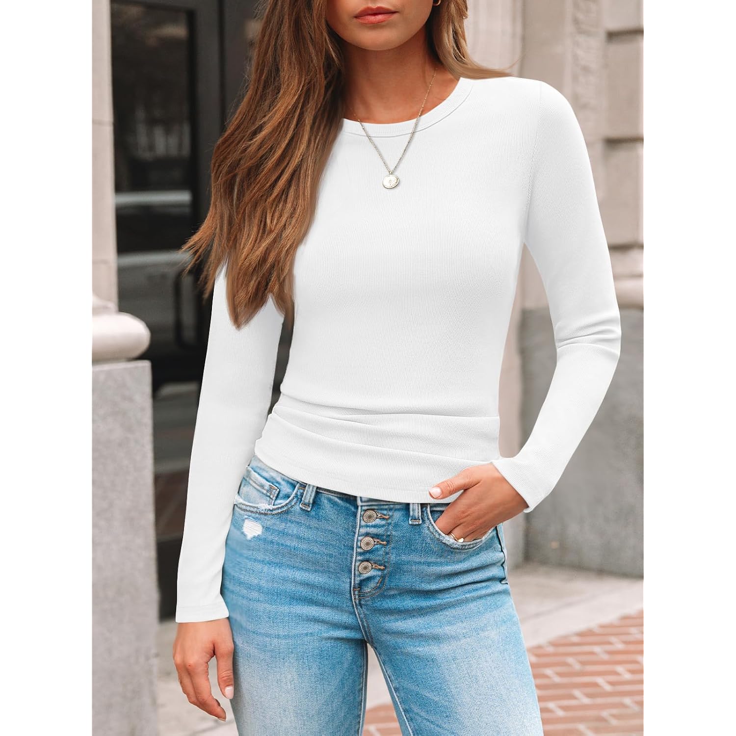 Automet Women'S Ribbed Long Sleeve Basic Top - Soft Stretch Crewneck Shirt For Work & Casual