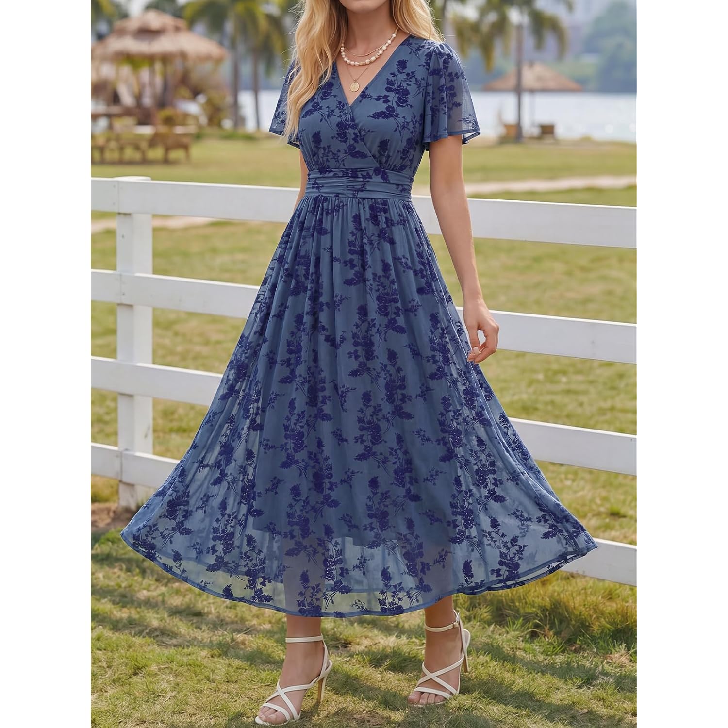 Lillusory Womens Summer Floral Maxi Dress Short Sleeve V Neck Wedding Guest Long Dresses With Pockets