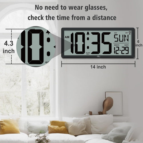 14.5'' Atomic Clock With Backlight, Large Digital Wall Clock Battery Operated, Large Display With Temperature And Date, Easy To Read And Set Digital Wall Clock, Auto Dst