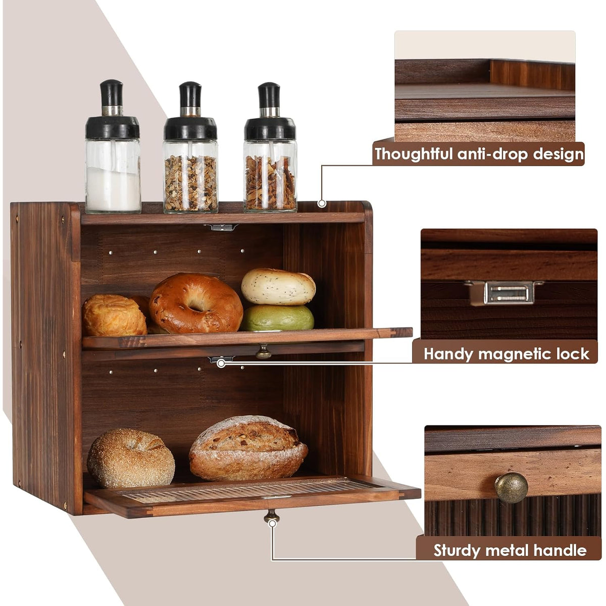 Sunhoo Bread Box For Kitchen Countertop Wooden Bread Storage Container Bin 2 Layer Breadbox Holder Large Capacity Keeper Vintage Farmhouse Food Organizer Pantry Shelf Acrylic Window (Brown)