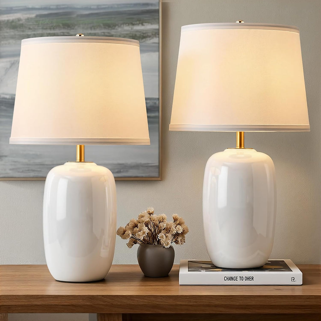 22 Inch White Ceramic Table Lamps Set Of 2, Fabric Lampshade Living Room Office Desk Lamp, E26 Socket Rotary Switch Lighting For Bedroom, Nightstand, Reading, Office, Study, Corner, Home Decor