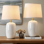 22 Inch White Ceramic Table Lamps Set Of 2, Fabric Lampshade Living Room Office Desk Lamp, E26 Socket Rotary Switch Lighting For Bedroom, Nightstand, Reading, Office, Study, Corner, Home Decor