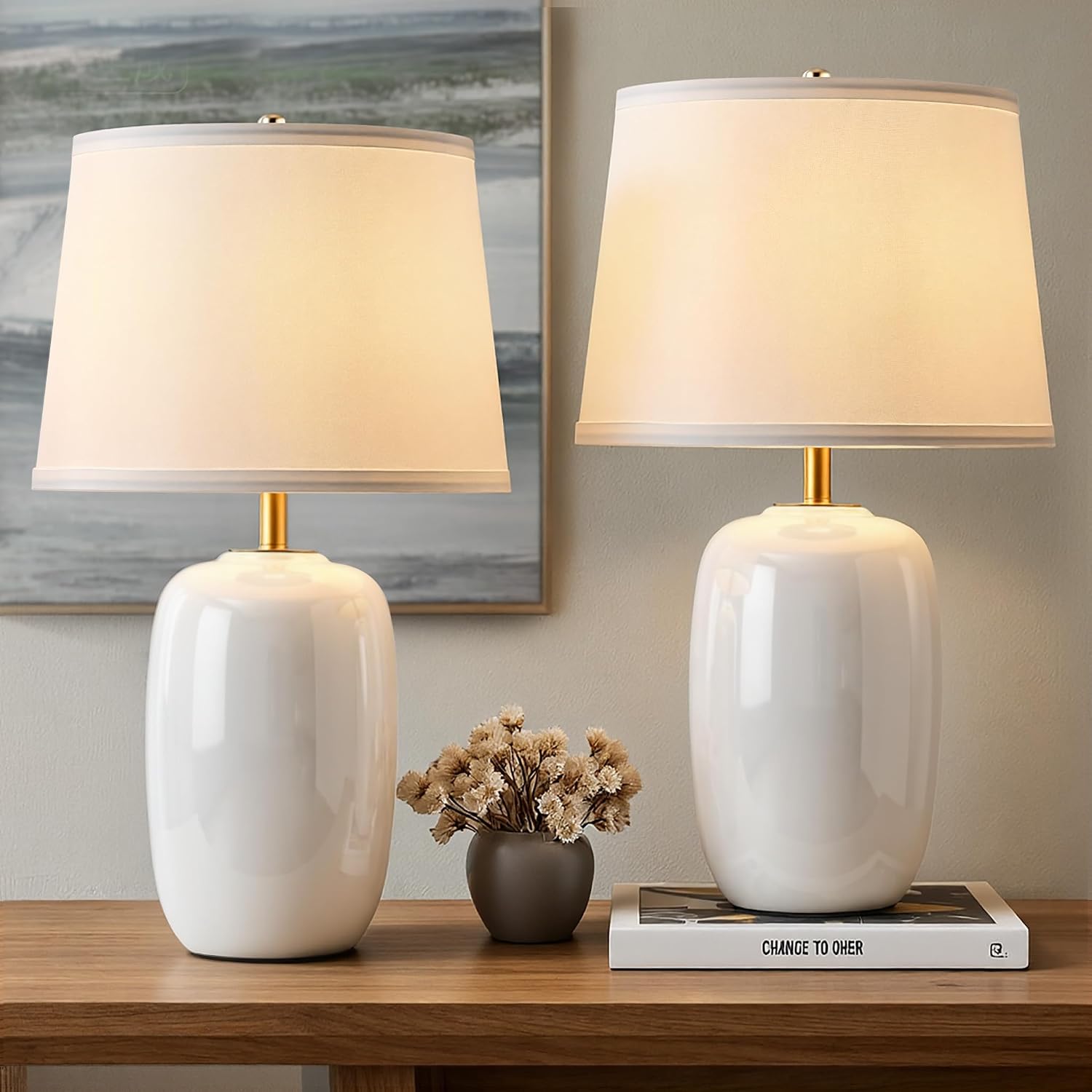 22 Inch White Ceramic Table Lamps Set Of 2, Fabric Lampshade Living Room Office Desk Lamp, E26 Socket Rotary Switch Lighting For Bedroom, Nightstand, Reading, Office, Study, Corner, Home Decor
