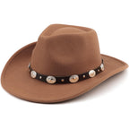 Western Cowboy Hats For Women Classic Felt Wide Brim Fedora Hat With Belt Buckle Retro Panama Hat Unisex Rolled Up Cap