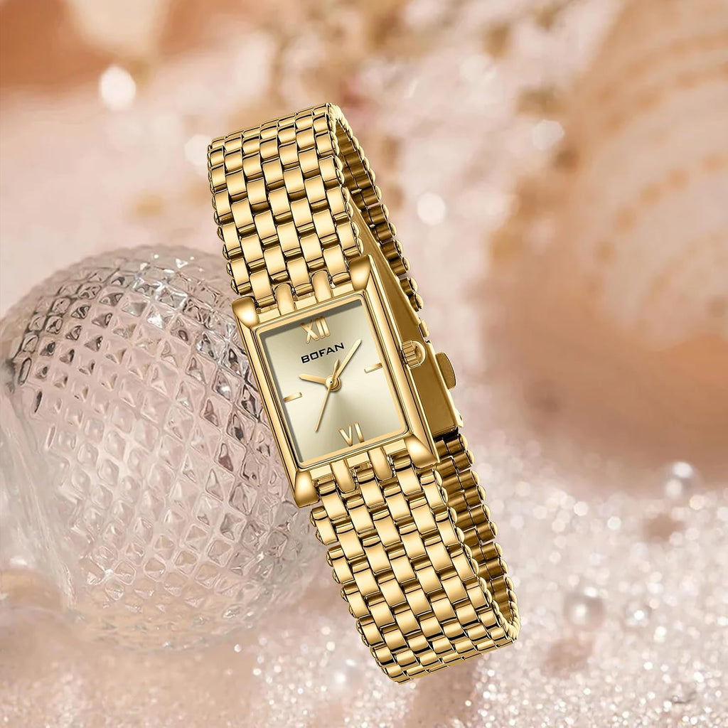 Bofan Gold Watches For Women Luxury Ladies Quartz Wrist Watch With Stainless Steel Bracelet,Waterproof,Casual Fashion Square Dial.Band Adjustment Tool Included