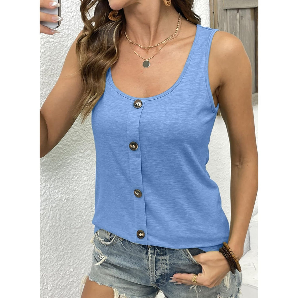 Womens Tank Tops Solid Button Crewneck Sleeveless Summer Tops Loose Fit
