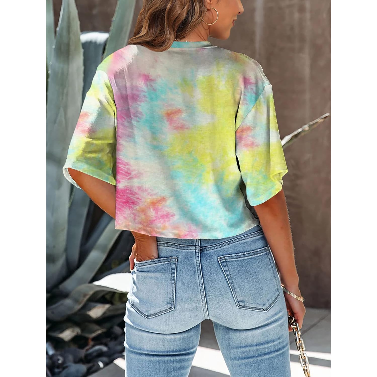 Tankaneo Women Half Sleeve Cropped T-Shirts Drop Shoulder Round Neck Crop Tops Casual Summer Solid Color Basic Tees
