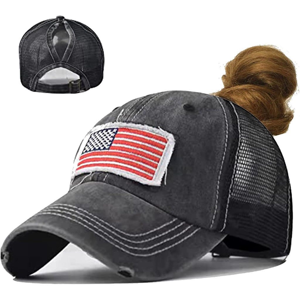 IZUS Women's American-Flag Baseball-Caps Distressed-Brim Washed-Cotton High-Ponytail Mesh-Back Dad-Trucker-Hat Black (54-60cm)