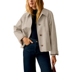 Dqbeng Womens Short Trench Jacket Plaid Lining Button Front Lightweight Classic Casual Outerwear With Pockets