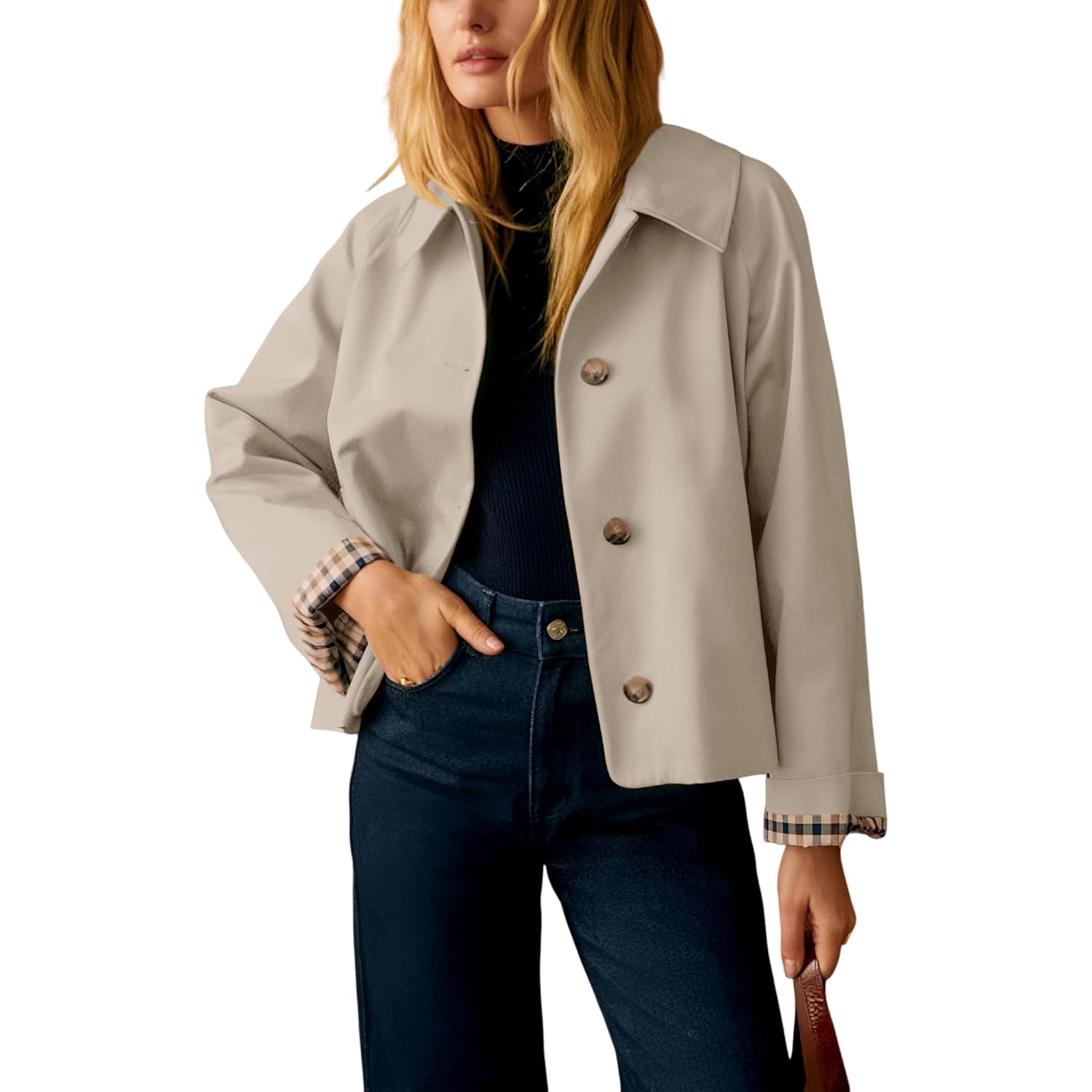 Dqbeng Womens Short Trench Jacket Plaid Lining Button Front Lightweight Classic Casual Outerwear With Pockets