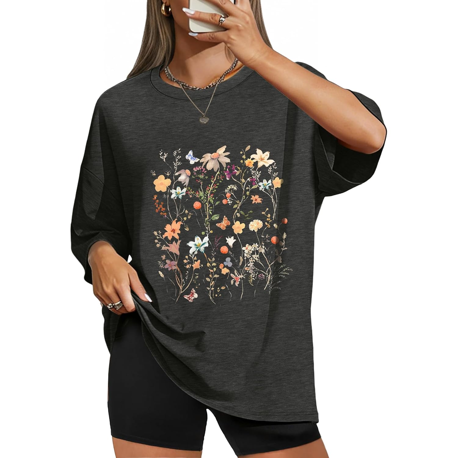 WIHOLL Oversized Tshirts for Women Summer Crew Neck Short Sleeve Graphic Tees Casual Loose Fit Workout Tops 2026 Flower Print Black