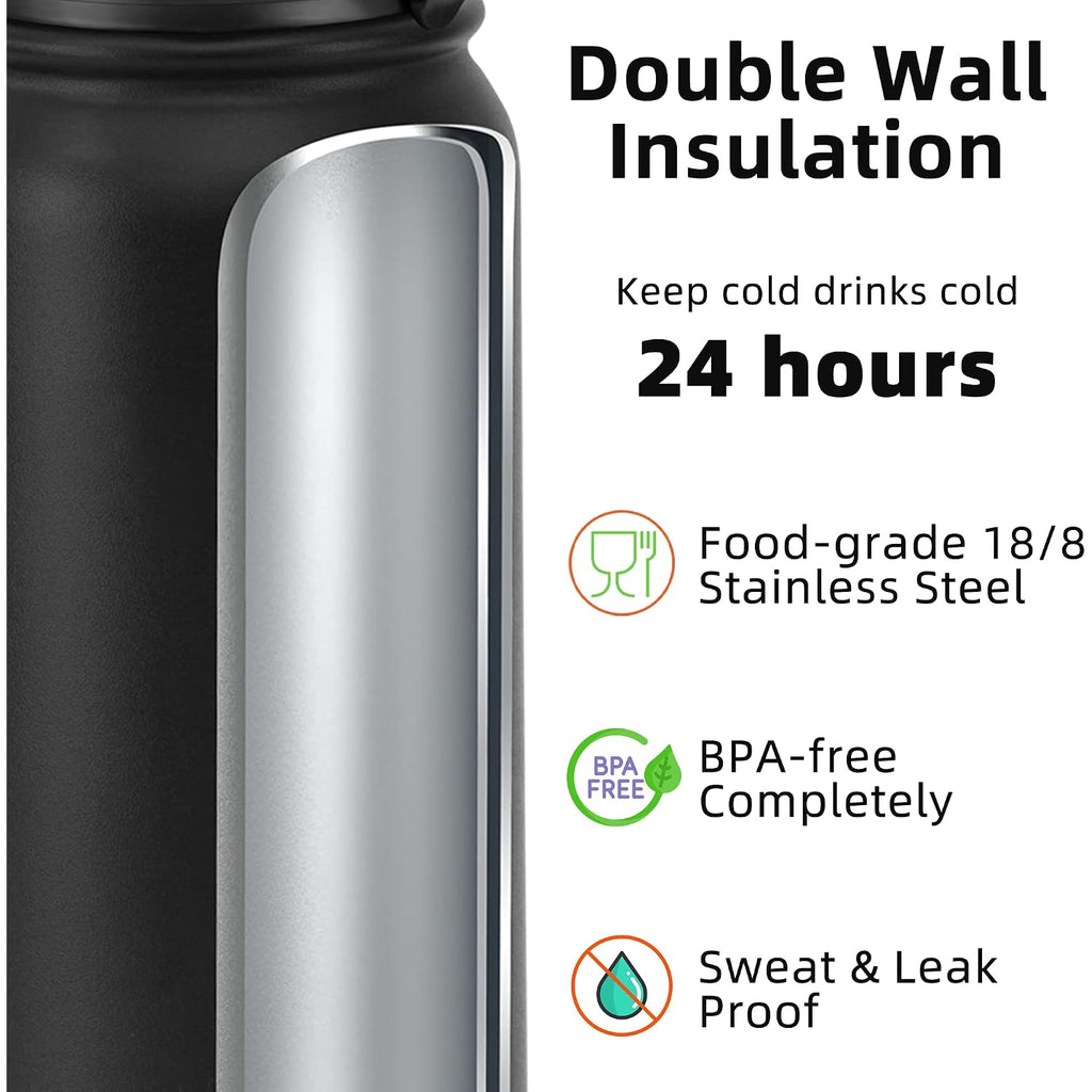 Fanhaw 20 Oz Kids Insulated Stainless Steel Water Bottle With Straw Lid, Leakproof & Anti-Dust Everyday Use Bottle For School, Women & Men, Back To School Essentials (Black)