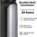 Fanhaw 20 Oz Kids Insulated Stainless Steel Water Bottle With Straw Lid, Leakproof & Anti-Dust Everyday Use Bottle For School, Women & Men, Back To School Essentials (Black)