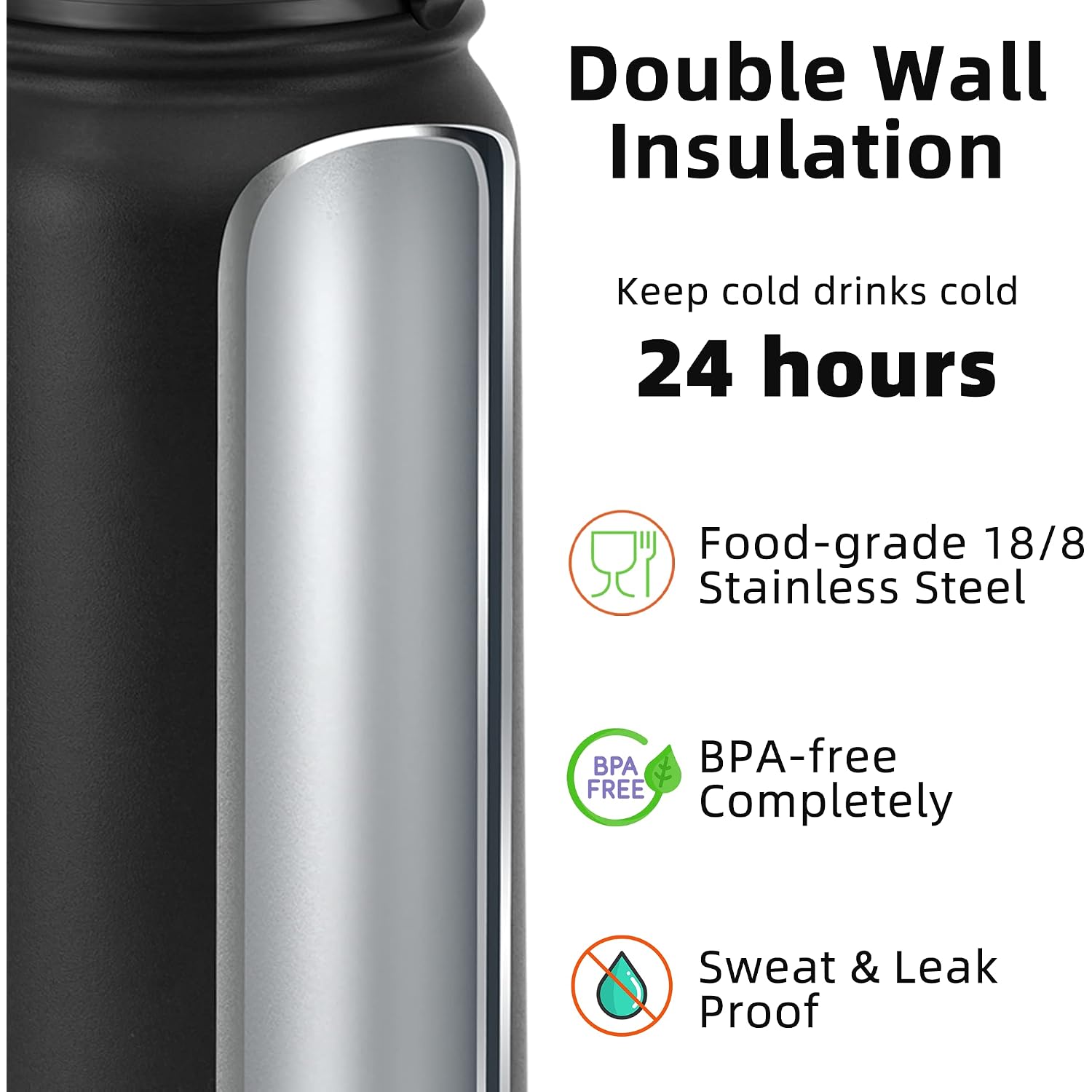 Fanhaw 20 Oz Kids Insulated Stainless Steel Water Bottle With Straw Lid, Leakproof & Anti-Dust Everyday Use Bottle For School, Women & Men, Back To School Essentials (Black)