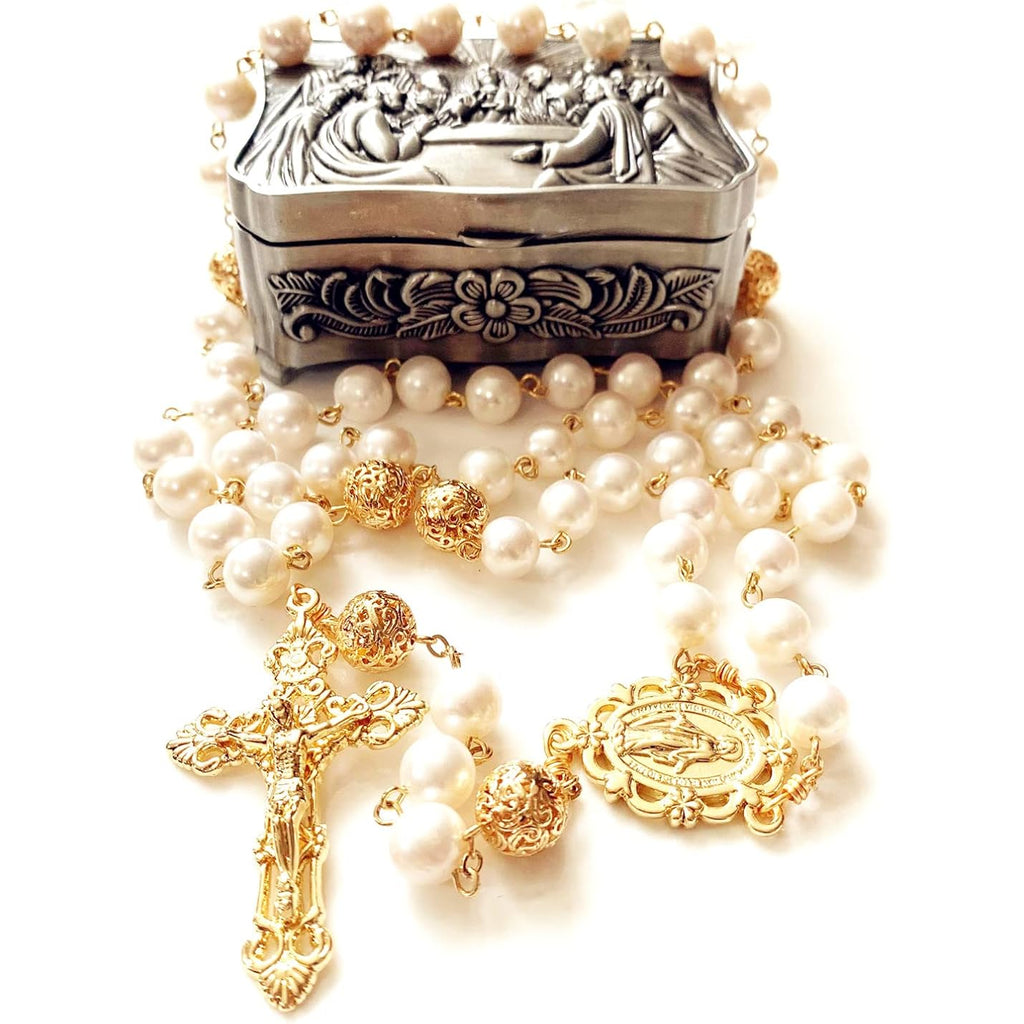 Elegangtmedical handmade White Real Pearl Rose Beads Catholic Rosary Gold Cross Necklace Supper Box