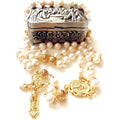 Elegangtmedical handmade White Real Pearl Rose Beads Catholic Rosary Gold Cross Necklace Supper Box