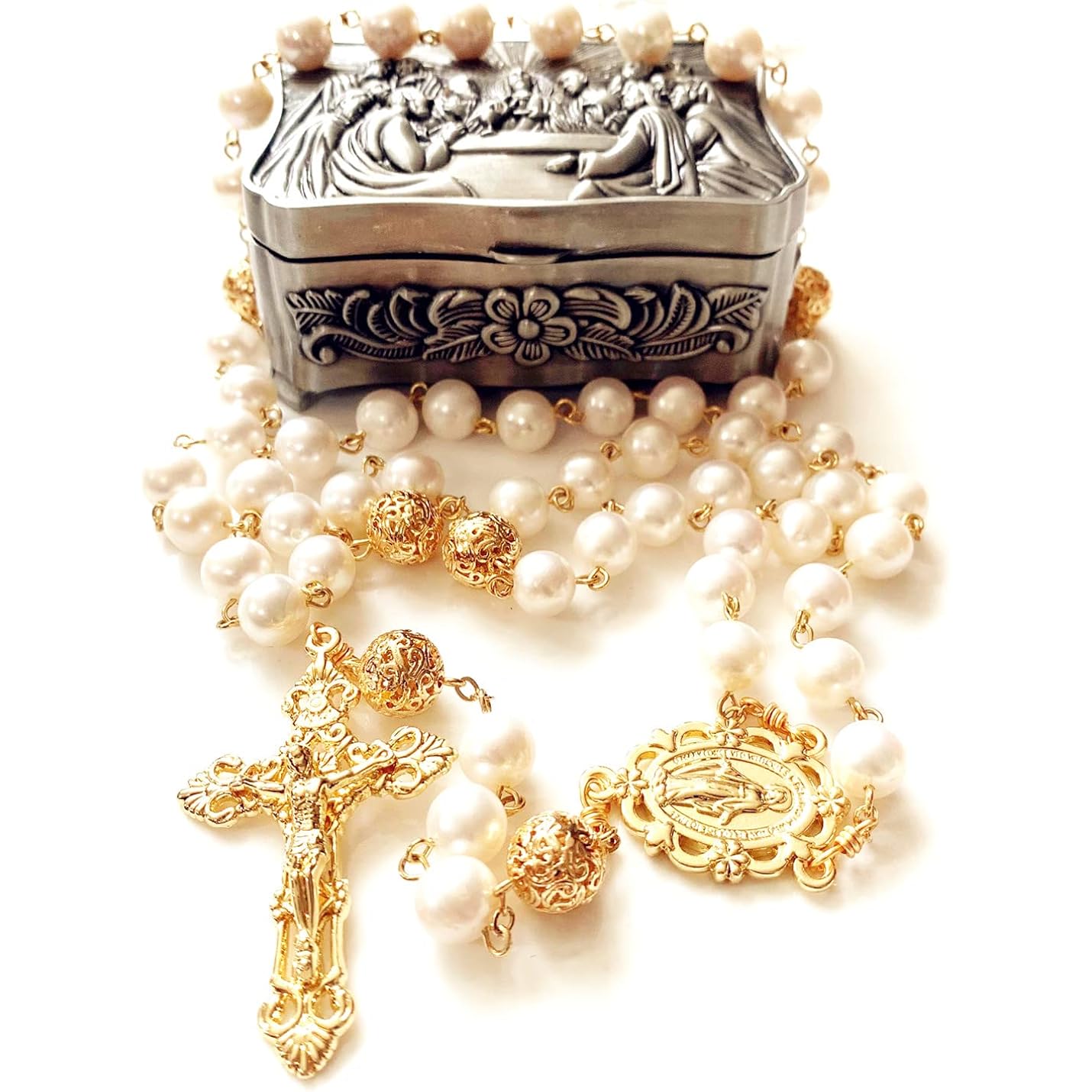 Elegangtmedical handmade White Real Pearl Rose Beads Catholic Rosary Gold Cross Necklace Supper Box