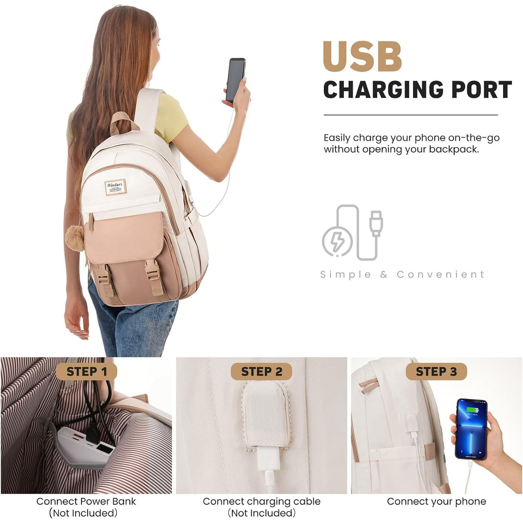Windars School Backpack For Teen Girls, Cute College Backpacks For Women Students Aesthetic Bookbag Large 15.6 Inch Laptop Bag Middle School Travel Back Pack (Khaki Beige)