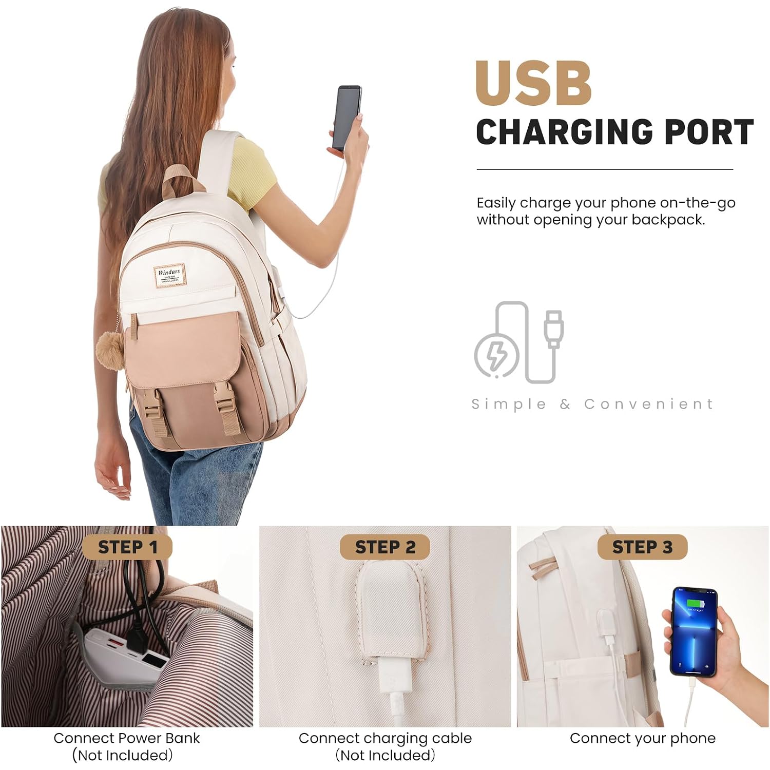Windars School Backpack For Teen Girls, Cute College Backpacks For Women Students Aesthetic Bookbag Large 15.6 Inch Laptop Bag Middle School Travel Back Pack (Khaki Beige)