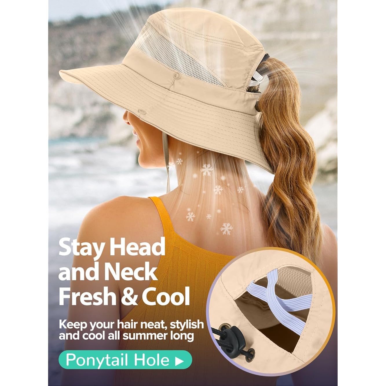 Sun Bucket Beach Hats for Women with Ponytail Hole,Sun Protection UV UPF50+ Waterproof Fishing Safari Hiking Hat