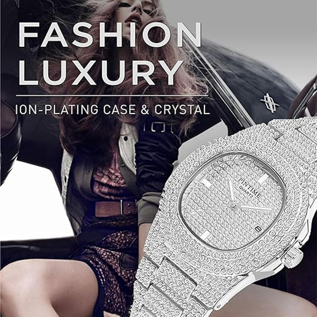 Gosasa Luxury Unisex Crystal Diamond Watches Big Face Women'S Men'S Quartz Watch Gold Silver Rose Gold Stainless Steel Bracelet Band