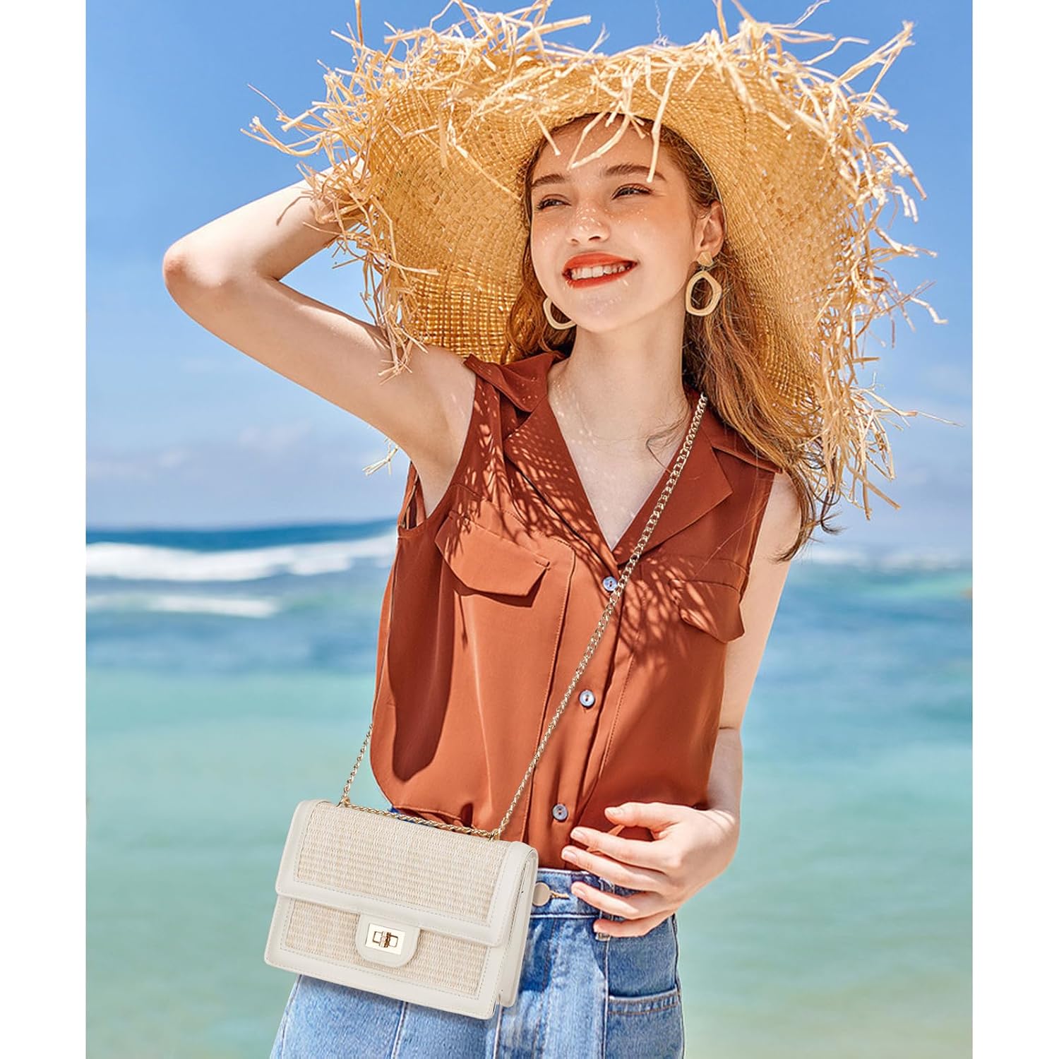 Kkxiu Women Small Straw Beach Bag Crossbody Bag Summer Shoulder Bag Beach Handbag Vegan Leather Purse