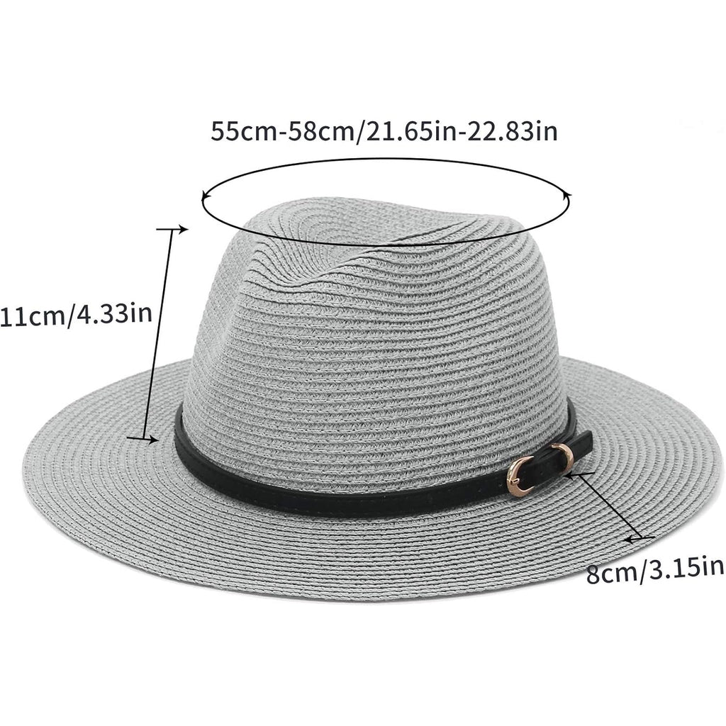 Straw Sun Hats for Women Men Panama Fedora Summer Hat with Leather Belt Wide Brim Beach Sun Jazz Cap 1#gray
