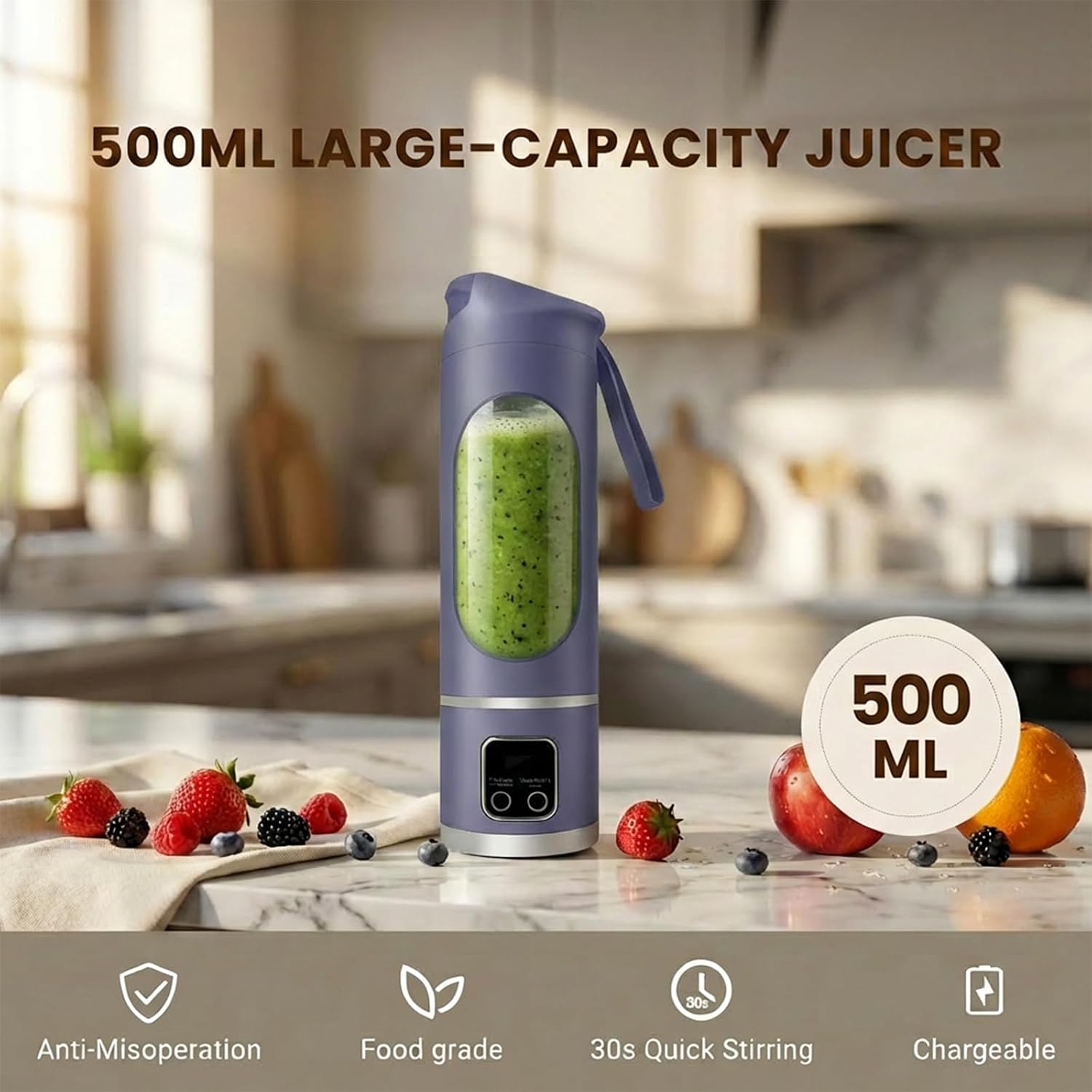 Lilogi Portable Blender, 500Ml Blenders For Smoothies With Led Display | 12-Blade Usb-C Rechargeable Blender, Travel Blender Cup For Any Kitchen, Office, Outdoor, Travel, Gym Or Sports