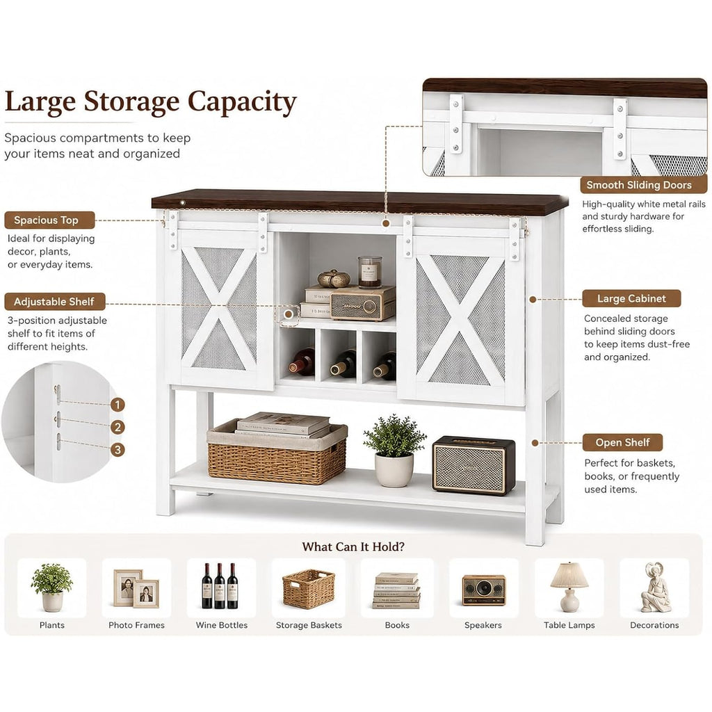 47" Farmhouse Coffee Bar Cabinet With Storage, Sideboard Buffet Table With Wine Rack And Sliding Barn Door, Liquor Cabinet For Kitchen Dining Room, White