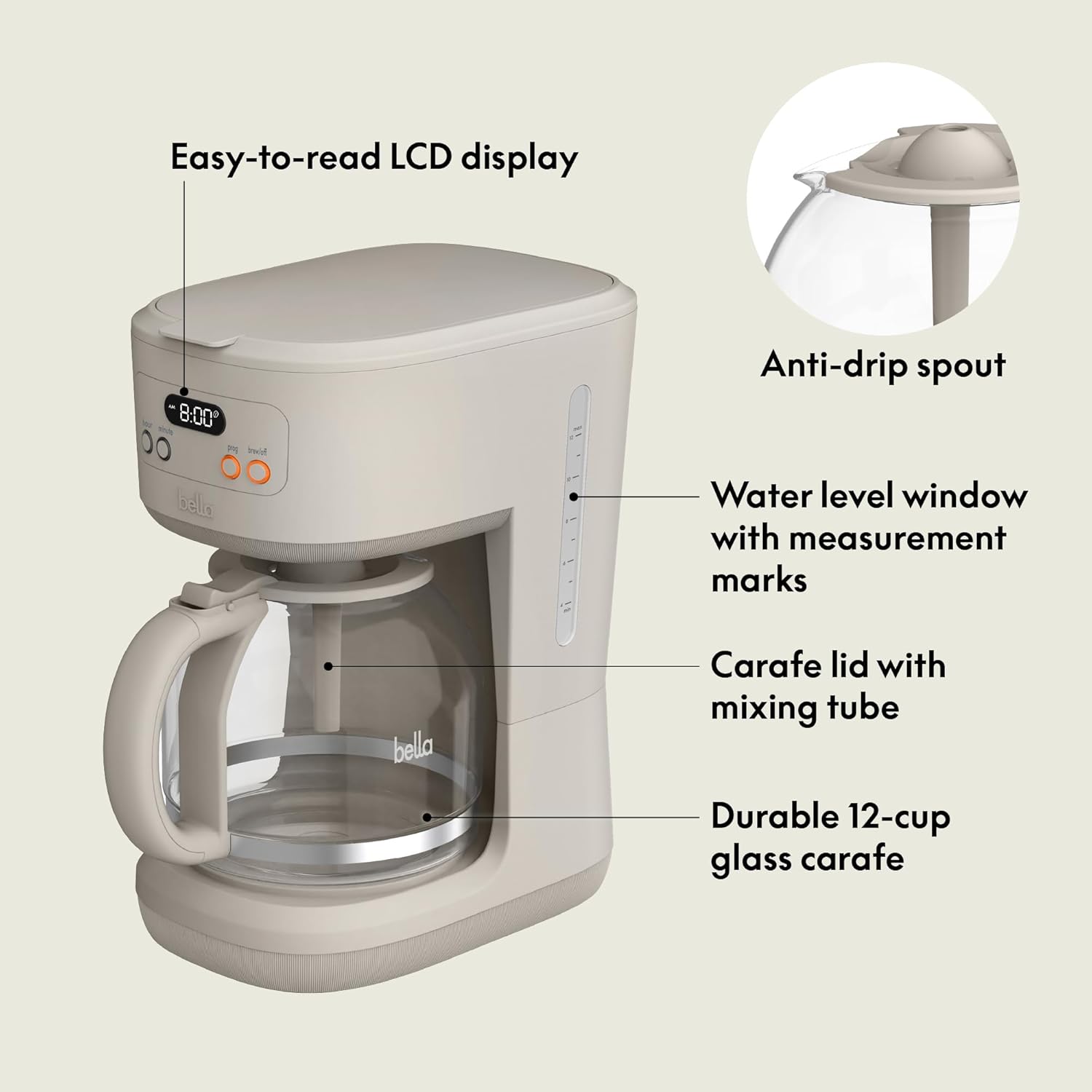 BELLA 12 Cup Programmable Coffee Maker, Reusable Dishwasher Safe Accessories, Easy LCD display, Auto Shutoff, 900 watt, Oatmilk