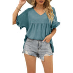 WIHOLL Womens Tops Casual V Neck Ruffle Sleeve T Shirts Babydoll Loose Fit Peplum Tops