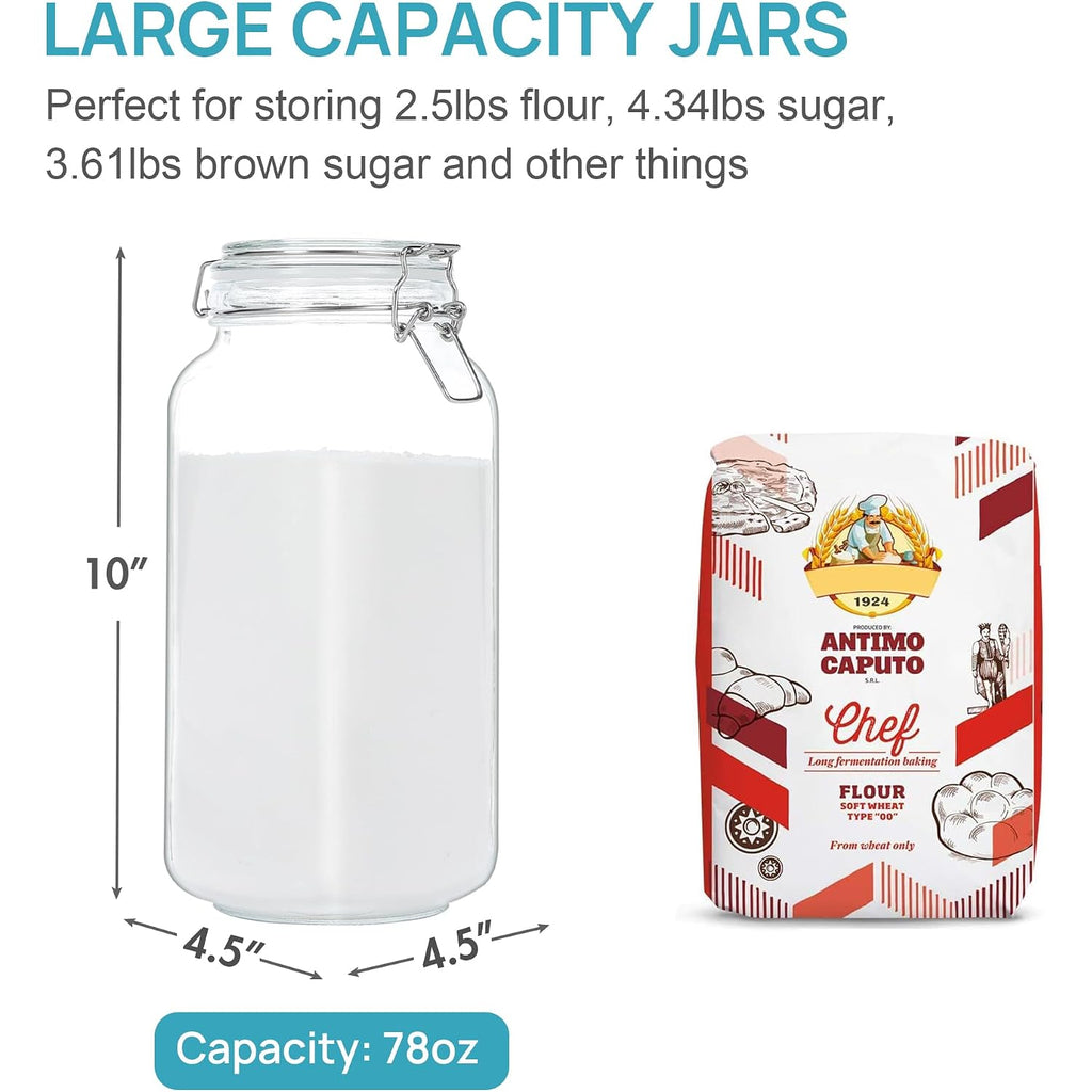 Vtopmart 78Oz Glass Food Storage Jars With Airtight Clamp Lids, 3 Pack Large Kitchen Canisters For Flour, Sugar, Cereal, Coffee, Pasta And Canning, Square Mason Jars With 8 Reusable Labels